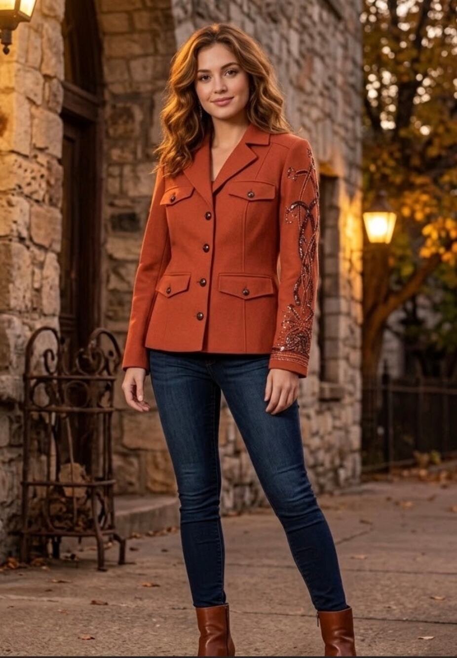 Spiegel Rust Orange Embellished Sleeve Blazer Jacket Womens Size 8